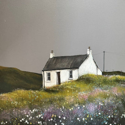 Original painting of thatched coastal croft with sheep and a wild flower foreground. A charming original artwork of a rural setting. Choose a frame colour of your choice at checkout for a small surcharge.