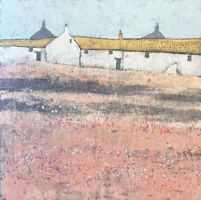 A beautiful original artwork of coastal cottages with wild flowers. Pink tones and grasses in the foreground. A perfect original painting for a contemporary bedroom/lounge setting. Choose a frame colour of your choice at checkout for a small surcharge.