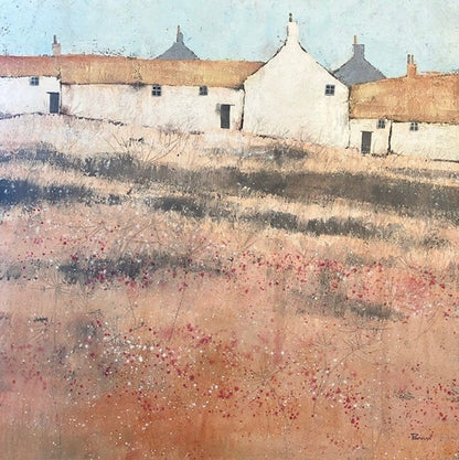 A beautiful original artwork of coastal cottages with wild flowers. Pink tones and grasses in the foreground. A perfect original painting for a contemporary bedroom/lounge setting. Choose a frame colour of your choice at checkout for a small surcharge.